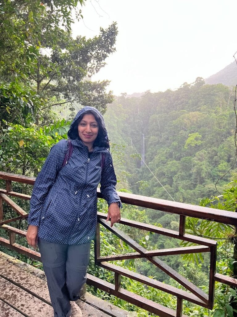 Travel advisor Milli Gupta at the La Fortuna waterfall lookout in the Costa Rican rainforest
