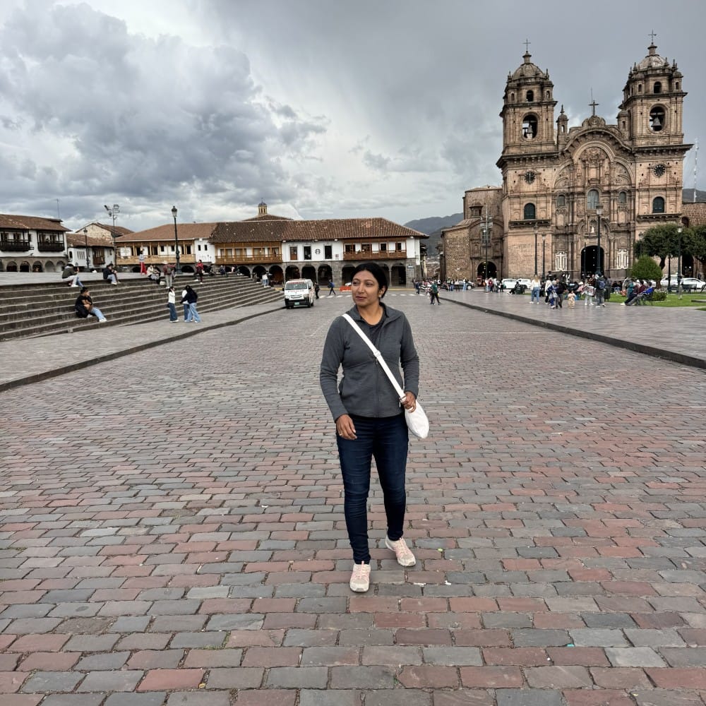 The Plaza de Armas in Cusco, Peru, with the church of the Compañía de Jesús behind.