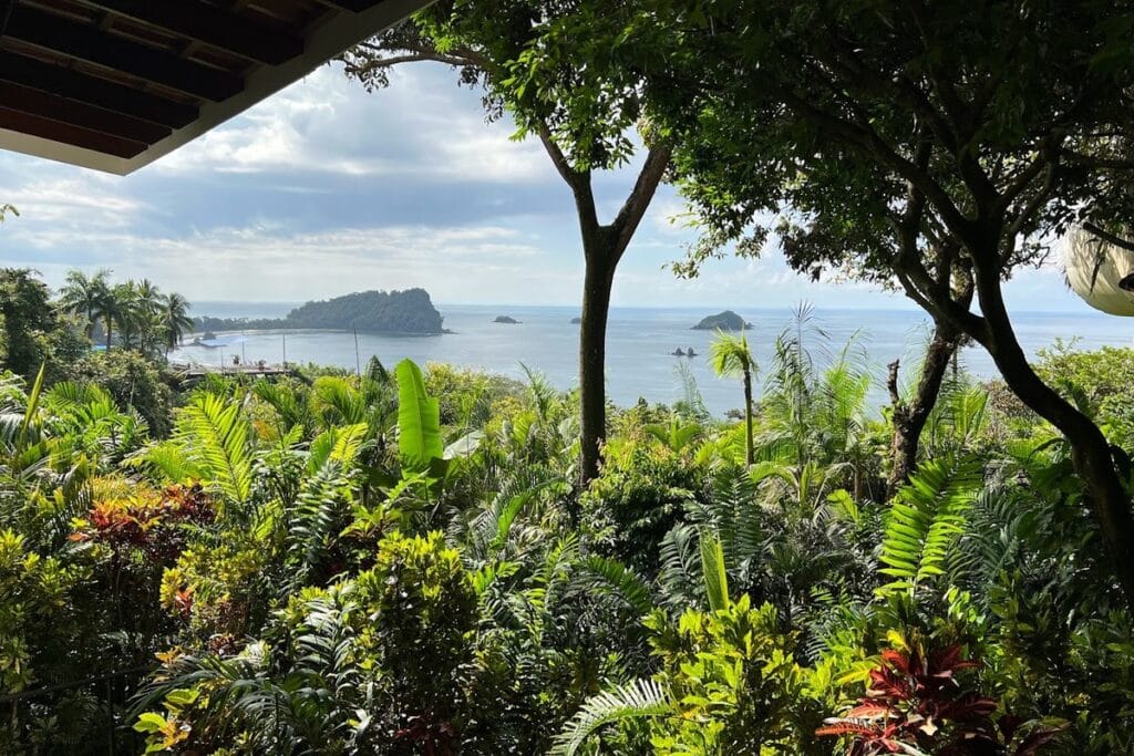 View of forested islands and ocean framed by tropical foliage from a hillside deck.