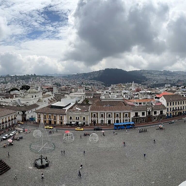 Rooftop view over the plazas and colonial architecture of Quito's historic center, Ecuador