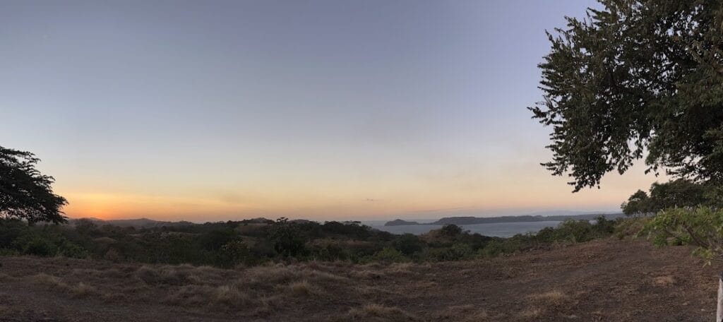 Dry tropical forest and coastline at sunset in Guanacaste, Costa Rica