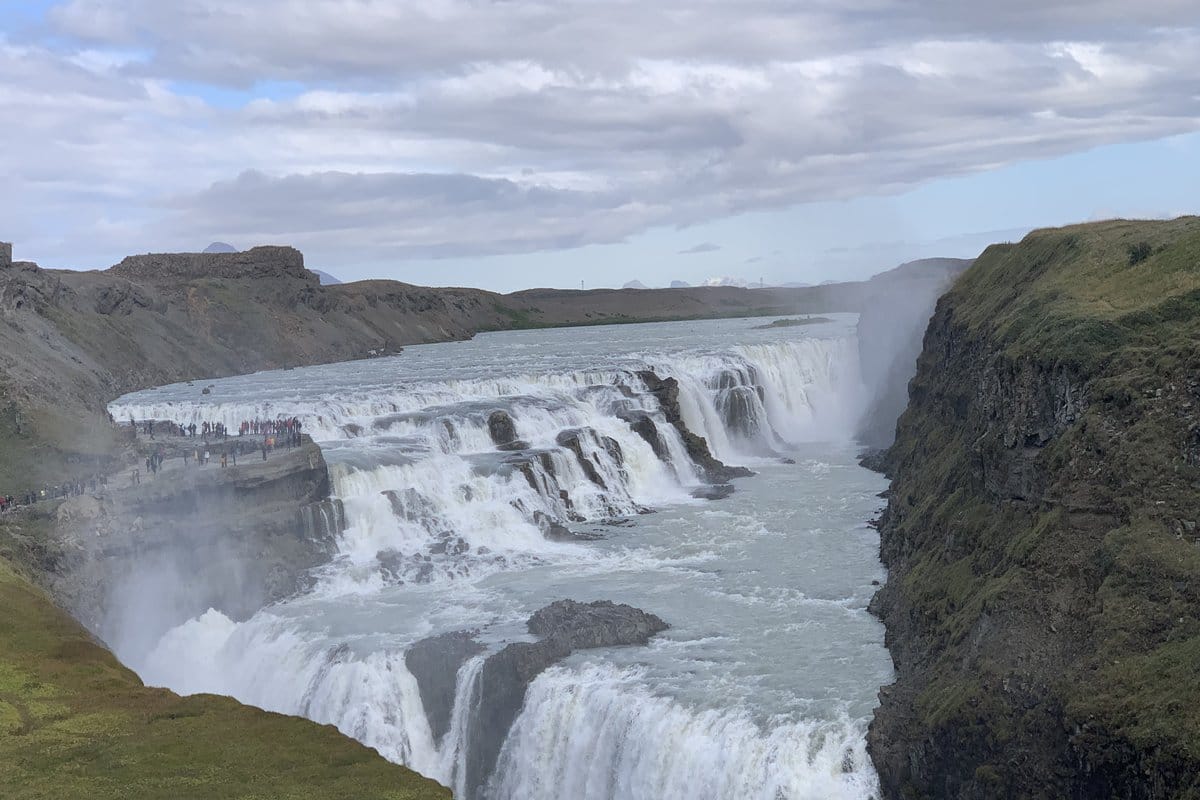 Gullfoss waterfall on the Golden Circle route in southwest Iceland, seen from the upper viewpoin