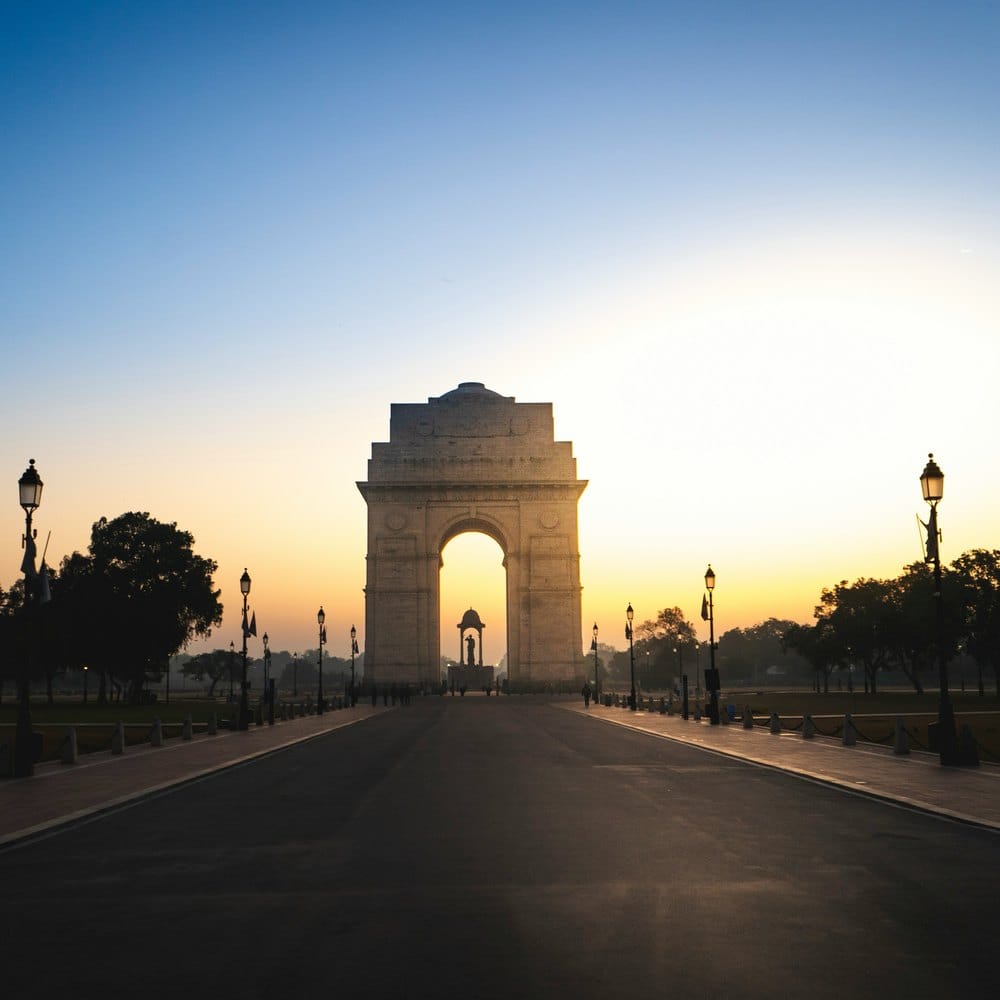 India Gate silhouetted at dusk, New Delhi