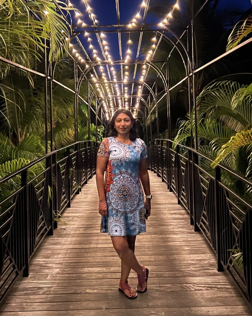 Lit garden walkway at dusk, resort near Montego Bay, Jamaica