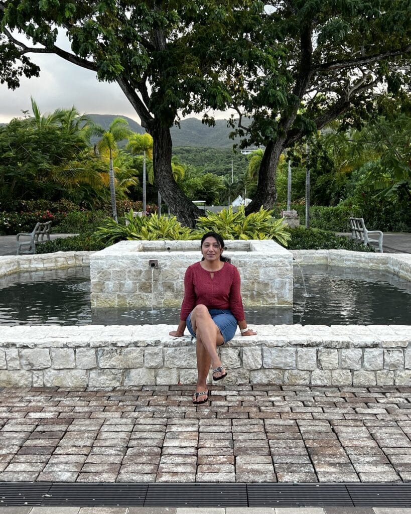 Garden fountain with the hills behind, north-coast Jamaica