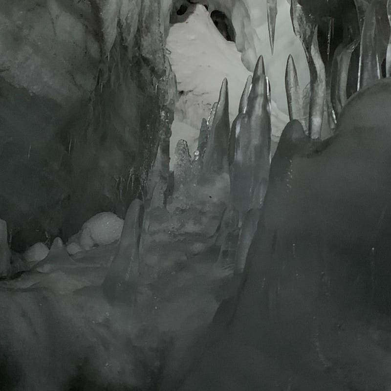 Ice formations inside the man-made tunnel bored into the Langjökull glacier in western Iceland