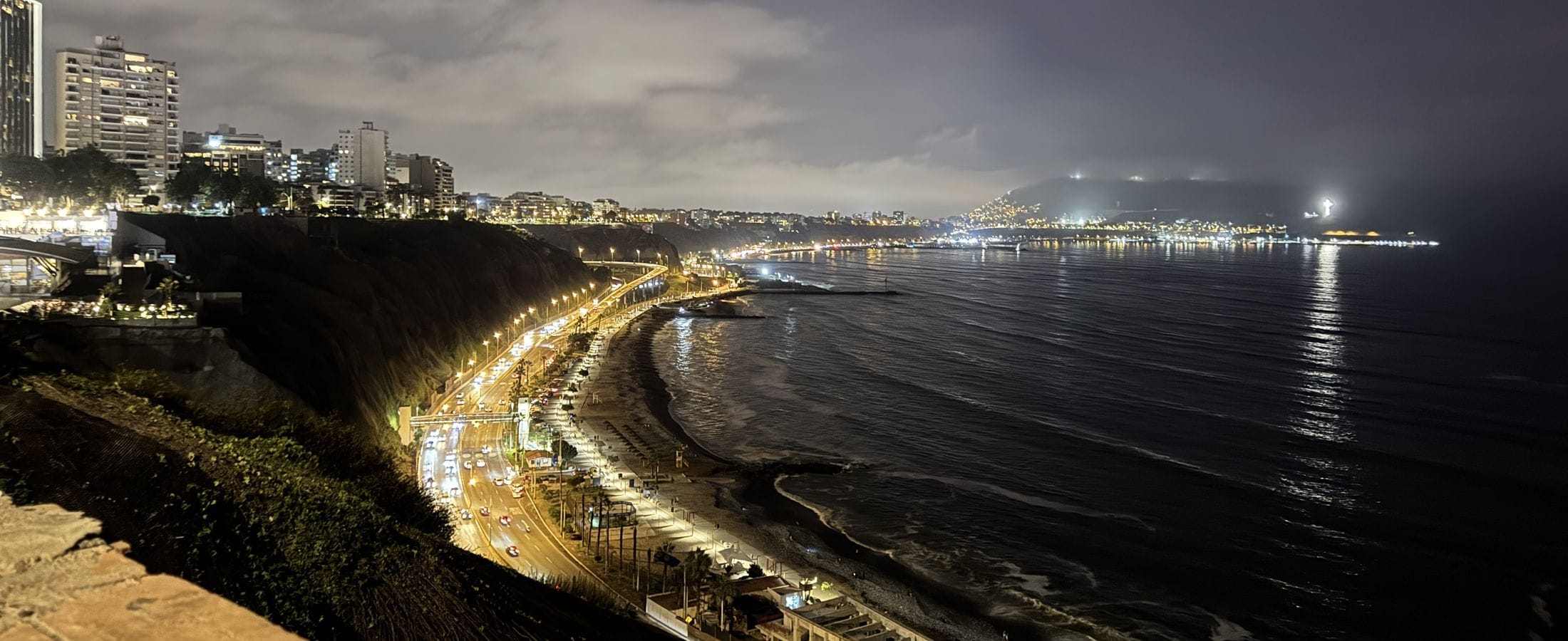 The Miraflores cliffs above the Pacific in Lima, Peru, at sunset.