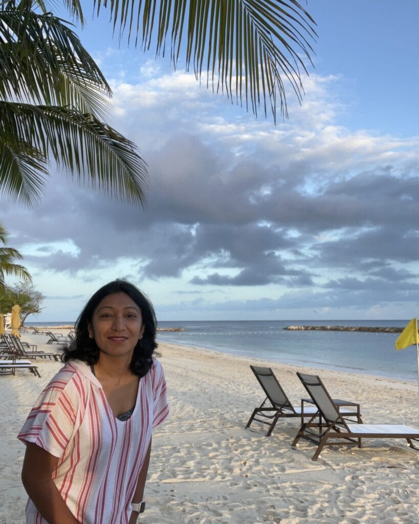 Milli on the beach at dawn, Montego Bay, Jamaica