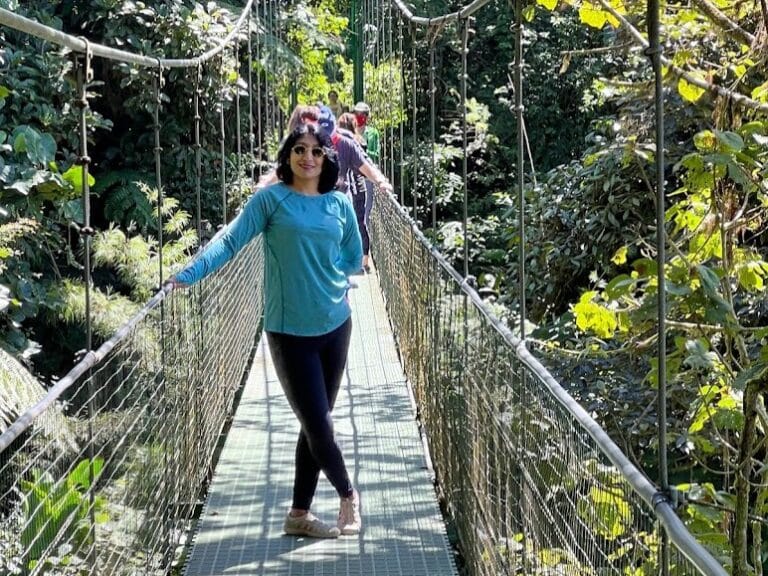 Milli Gupta on a suspended walkway through the Monteverde cloud forest canopy, Costa Rica