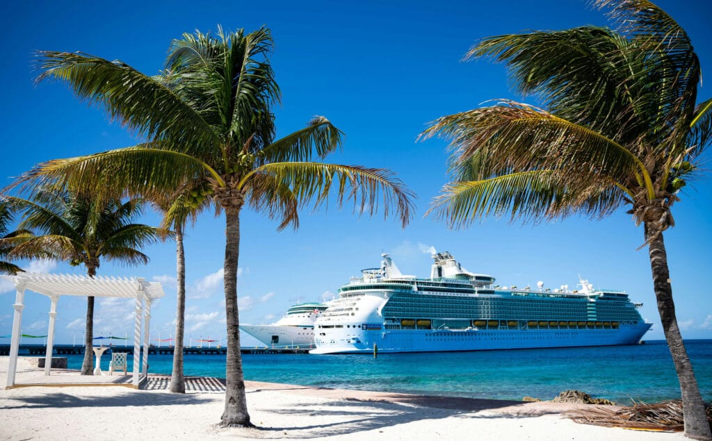 White-sand tropical beach fringed with palm trees beside calm turquoise water