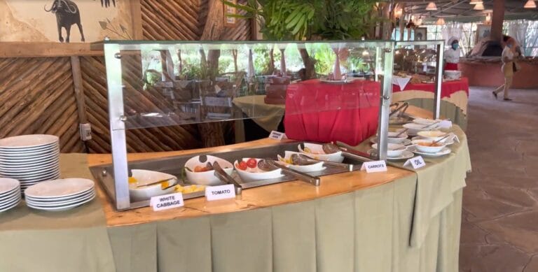 A clean, rustic buffet station at a comfortable East African safari lodge, featuring fresh vegetables like tomatoes and cabbage under a glass sneeze guard.