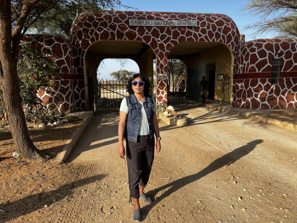 Milli Gupta at the Samburu National Reserve entrance gate in northern Kenya