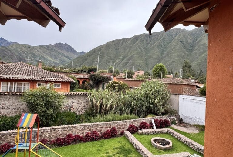 Green mountains above the rooftops of Urubamba in Peru’s Sacred Valley.