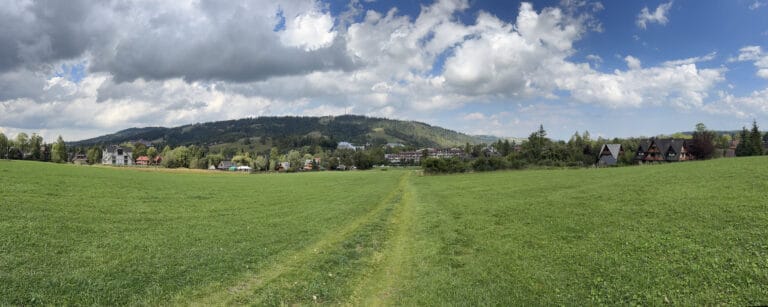 A mown path running through a wide green meadow toward wooded hills and scattered houses at Zakopane