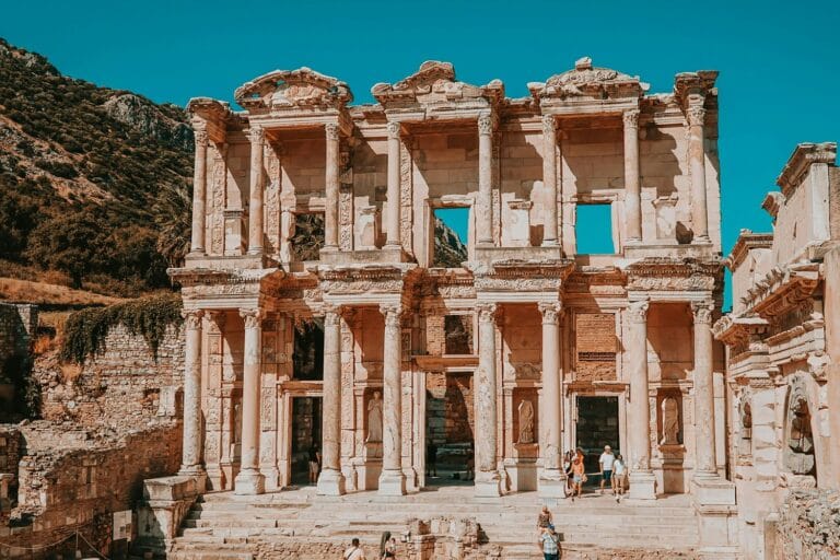 The columned facade of the Library of Celsus at the ancient city of Ephesus, Turkey