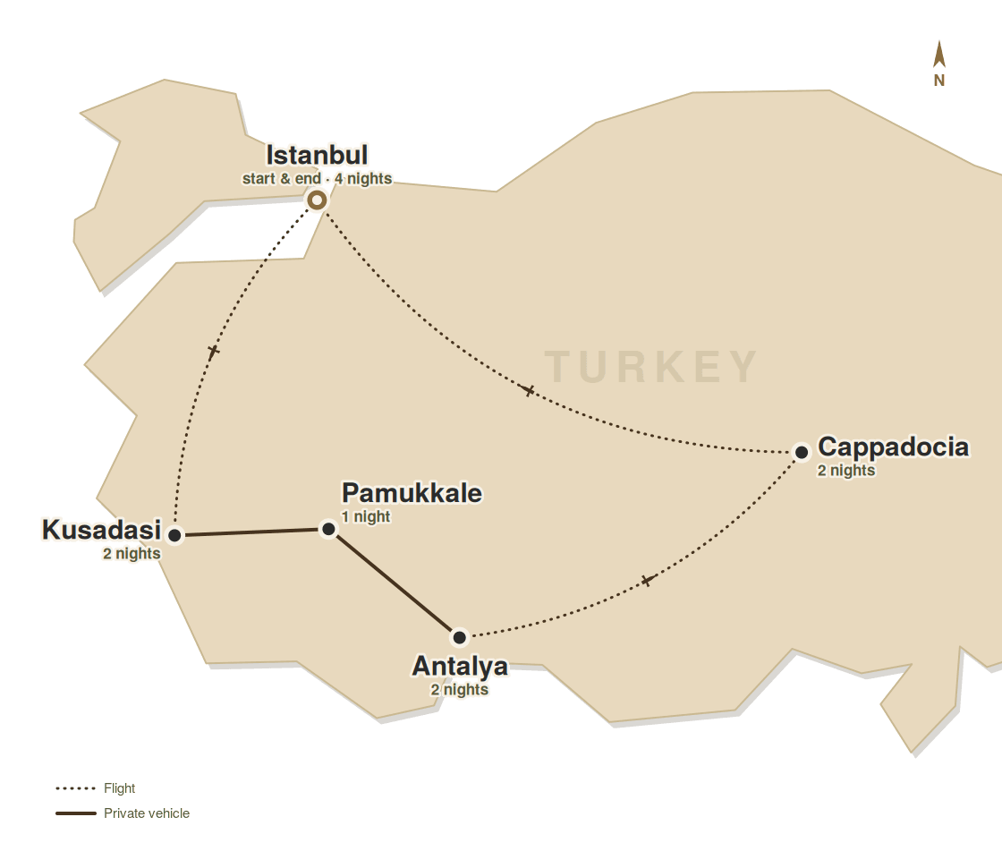 Route map of the Twelve-Day Grand Tour of Turkey: three nights in Istanbul, a flight down to the Aegean coast for two nights at Kusadasi near Ephesus, a private drive inland to Pamukkale for one night, on to Antalya on the Mediterranean for two nights, a flight to Cappadocia for two nights, then a flight back to Istanbul for a final night before departure — shown on a map of Turkey.