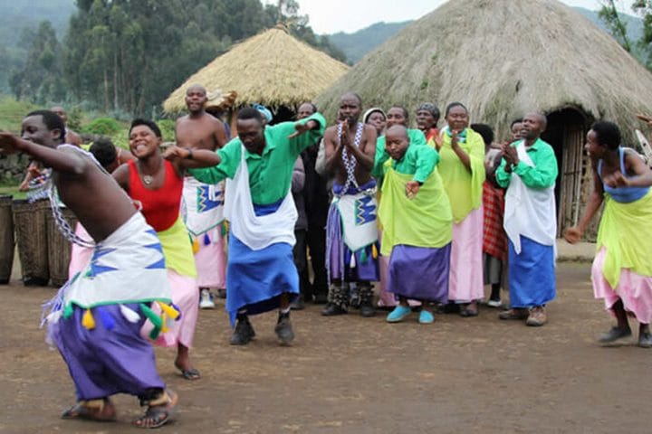 Intore dancers in traditional dress performing, Rwanda.